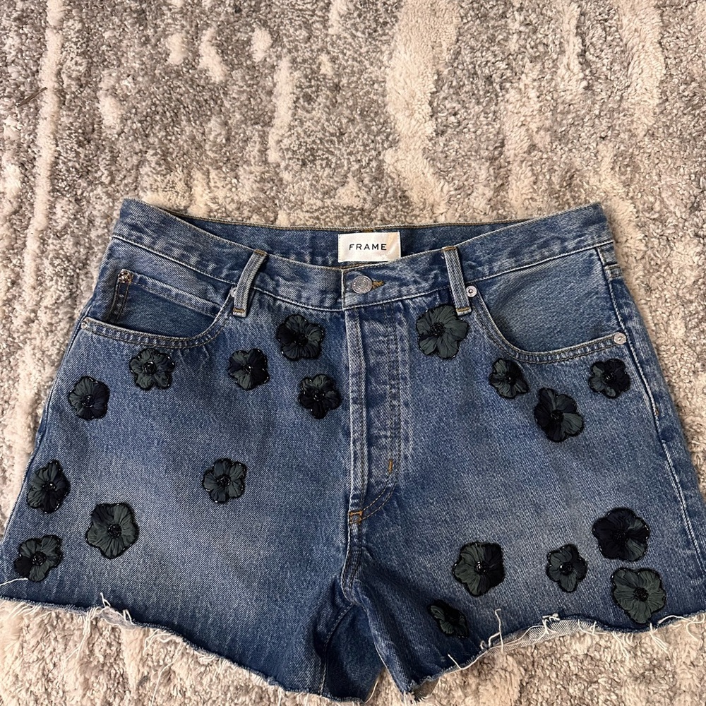 Frame Denim Blue Distressed Jean Shorts with Floral Details